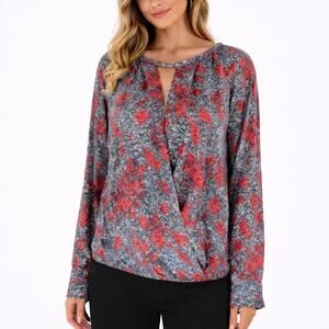 Yoana Baraschi Printed Faux Wrap Top Blouse Long Sleeve Gray Red Size S/M